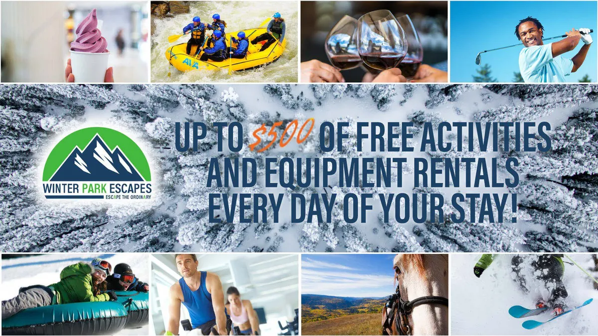 A vibrant collage-style interior scene blending images of guests engaging in various adventurous activities—rafting, skiing, horseback riding, and golfing—interspersed with relaxing moments and tasty food. The composite highlights the energy and variety of exclusive experiences available to guests year-round.