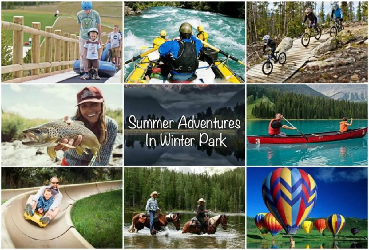 A lively scene featuring families participating in a variety of outdoor summer activities, including kayaking, biking, fishing, and rafting. The expansive landscape is dotted with hot air balloons, and the background features lush greenery and mountains, capturing the essence of adventure and camaraderie in a vibrant natural setting.